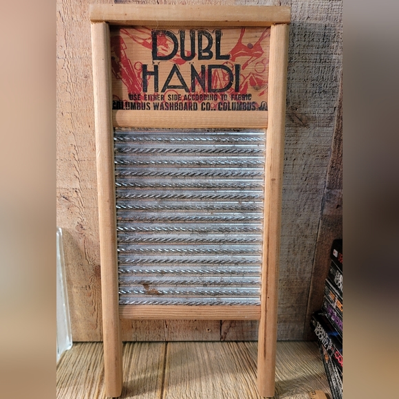 Primitive ANTIQUE Vintage DUBL HANDI Wood & Tin WOODEN WASHBOARD / COLUMBUS OHIO - Picture 1 of 6